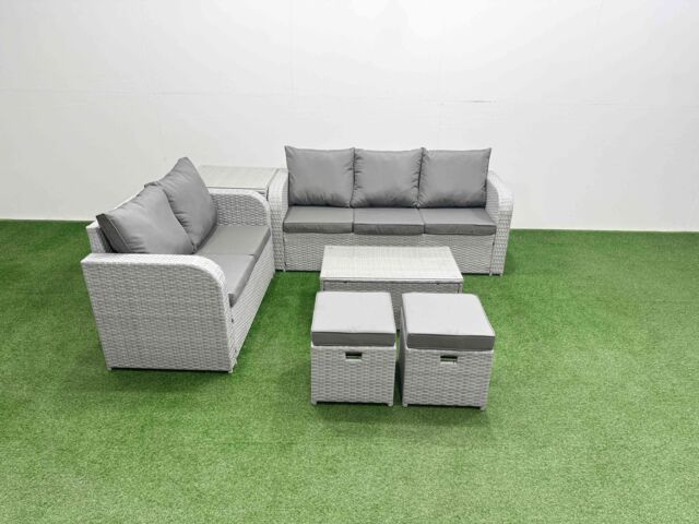 Fimous 7 Seater PE Rattan Wicker Garden Furniture Patio Conservatory Sofa Set w/ Rectangular Coffee Table 3 Seater Sofa Love Sofa 2 Stools Side Table - image 1