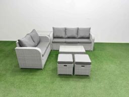 Fimous 7 Seater PE Rattan Wicker Garden Furniture Patio Conservatory Sofa Set w/ Rectangular Coffee Table 3 Seater Sofa Love Sofa 2 Stools Side Table - thumbnail 1