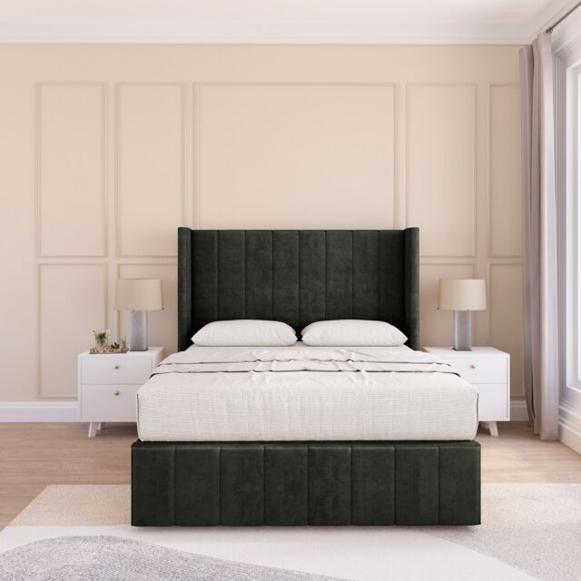 "Sloomy Melbourne Dumfries Wingback Bed Set, No Drawers & 54"" Floor Standing Headboard in Black - Size: Single" - image 1