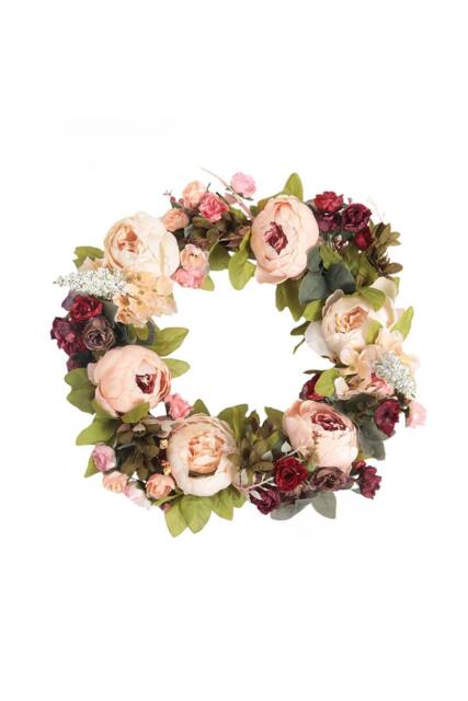 Garden Sanctuary 45cm Artificial Peony Mixed Flowers Wreath with Rattan Base - image 1