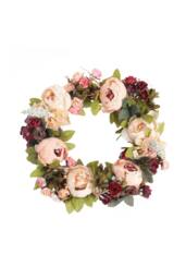 Garden Sanctuary 45cm Artificial Peony Mixed Flowers Wreath with Rattan Base - thumbnail 1