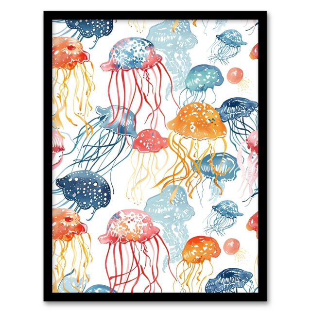"Artery8 Jellyfish Blue Pink Orange Bright Watercolour Framed Wall Art - Size: W12"" x H16""" - image 1
