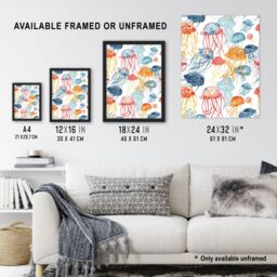 "Artery8 Jellyfish Blue Pink Orange Bright Watercolour Framed Wall Art - Size: W12"" x H16""" - thumbnail 3