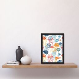 "Artery8 Jellyfish Blue Pink Orange Bright Watercolour Framed Wall Art - Size: W12"" x H16""" - thumbnail 4