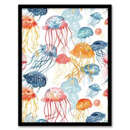 "Artery8 Jellyfish Blue Pink Orange Bright Watercolour Framed Wall Art - Size: W12"" x H16""" - thumbnail 1
