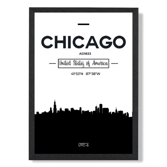 ARTZE Chicago Black & White City Skyline Framed Print SIZE: A2 with Black Frame - Size: A4 - image 1