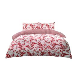 Snug City Duvet Cover & Pillowcase Set Reversible Leaf & Stripe Design Polycotton Bed Linen in Red - Size: Double - thumbnail 2