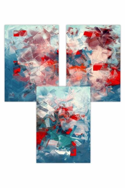 ARTZE Set of 3 Geometric Abstract Squares In Red White & Blue Art Posters - Size: W50 cm x H70 cm - image 1