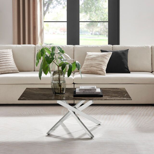 FurnitureboxUK Leonardo Rectangular Marble Effect Glass Top Coffee Table With Silver Metal Starburst Legs in Grey - image 1