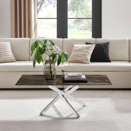 FurnitureboxUK Leonardo Rectangular Marble Effect Glass Top Coffee Table With Silver Metal Starburst Legs in Grey - thumbnail 1