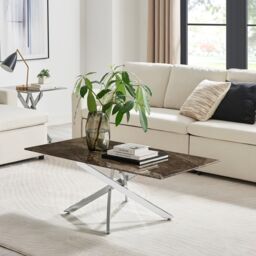 FurnitureboxUK Leonardo Rectangular Marble Effect Glass Top Coffee Table With Silver Metal Starburst Legs in Grey - thumbnail 2