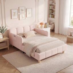 Merax Velvet 3ft Single Corner Daybed with Flexible Layout & Storage Pockets in Pink - thumbnail 4