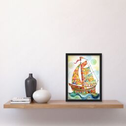 Artery8 Sailing Ship At Sunrise Folk Art Artwork Framed Wall Art Print A4 in Black - thumbnail 2