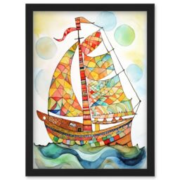 Artery8 Sailing Ship At Sunrise Folk Art Artwork Framed Wall Art Print A4 in Black - thumbnail 1