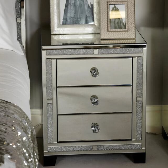 Interior Emporium Ltd Valencia Mirrored Bedside Table - 3 Drawers - Crushed Diamond Finish - Pre-Assembled in Grey - image 1