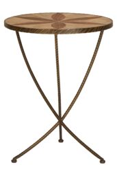 Orsina Elm Wood Round Table With Iron Legs, Circular Table With Leaf Shaped Motifs, Accent Table in Brown