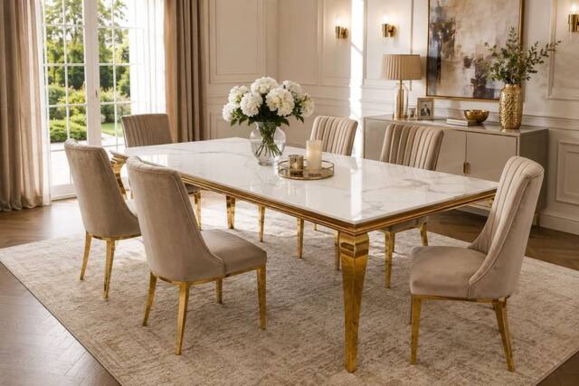 Stratus Interiors Louis Marble Top Dining Table with Sculpted Metal Legs in Off-White - Size: 180 cm x 90 cm - image 1