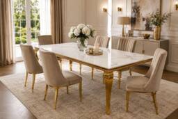 Stratus Interiors Louis Marble Top Dining Table with Sculpted Metal Legs in Off-White - Size: 180 cm x 90 cm
