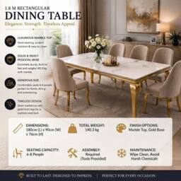 Stratus Interiors Louis Marble Top Dining Table with Sculpted Metal Legs in Off-White - Size: 180 cm x 90 cm - thumbnail 2