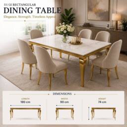 Stratus Interiors Louis Marble Top Dining Table with Sculpted Metal Legs in Off-White - Size: 180 cm x 90 cm - thumbnail 4