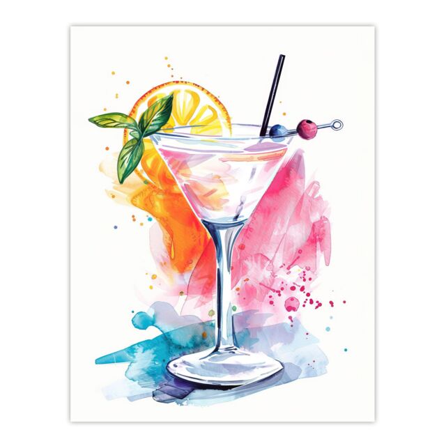 "Artery8 Manhattan Cocktail Bright Modern Watercolour Wall Art Print in Pink - Size: W24"" x H32""" - image 1