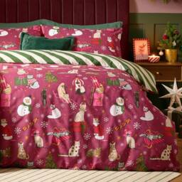 Furn Feline Festive Reversible Christmas Duvet Cover Set in Burgundy - Size: Single - thumbnail 4