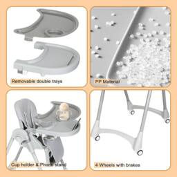 Dekko Baby High Chair 4 in 1 Foldable Toddler Feeding Table Adjustable in Grey - thumbnail 8
