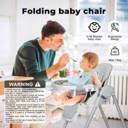 Dekko Baby High Chair 4 in 1 Foldable Toddler Feeding Table Adjustable in Grey - thumbnail 2