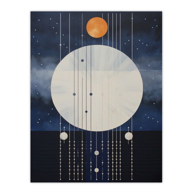 "Wee Blue Coo Wall Art Print Abstract Solar Eclipse Oil Painting Blue Orange Geometric Planetary Orbits Night Sky Poster - Size: W18"" x H24""" - image 1