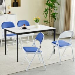 MCC Direct Set of 4 Folding Dining Chairs Metal Frame Padded Seats in Blue - thumbnail 1