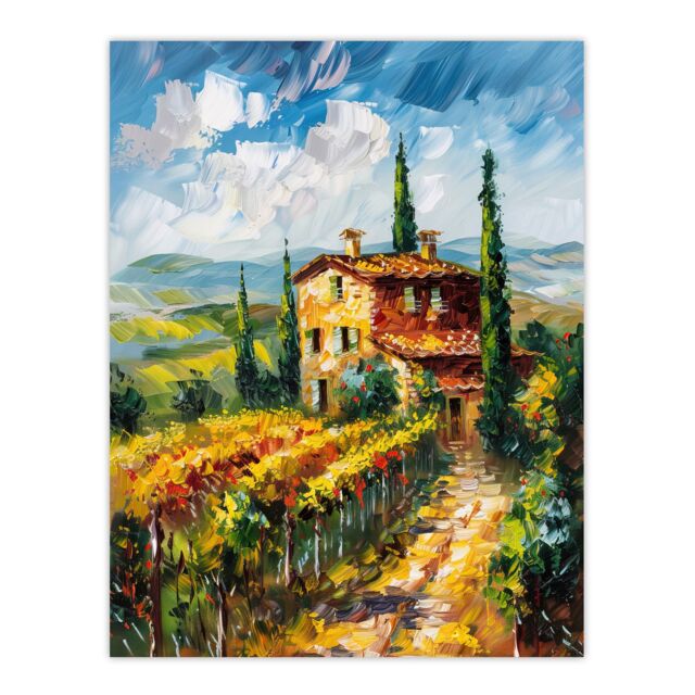 "Artery8 Summer Tuscan Farmhouse Oil Painting Colourful Wall Art Print in Green - Size: W18"" x H24""" - image 1