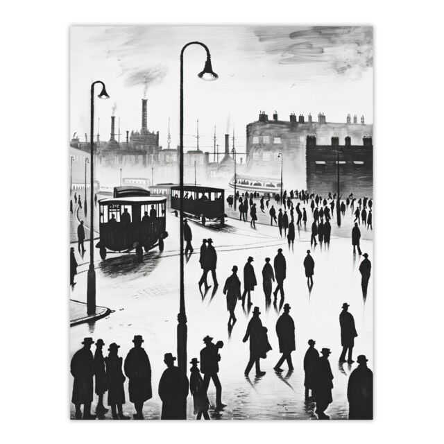 "Artery8 Industrial City Scene 1930s Drawing British Town Wall Art Print in Grey - Size: W24"" x H32""" - image 1
