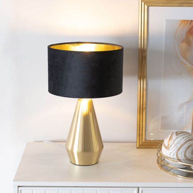 ValueLights Jax Gold Dimmable Touch Table Lamp with Velvet Drum & Gold Inner Shade & Bulb in Black - image 1