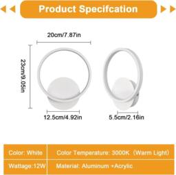 Goeco Indoor LED Wall Light 12W Round Modern Wall Light 3000K White Ø20 cm - thumbnail 4