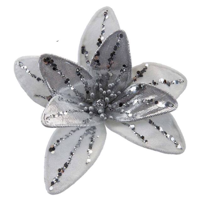 VFM e-Store Christmas Velvet Flower Clip Decoration 12cm x 6cm White X 1 - Size: 12 cm x 6 cm - image 1