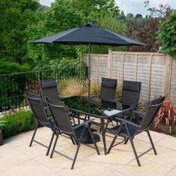 Hectare 6 Seater Dining Set With Parasol Reclining Chairs Glass Table In Black - thumbnail 2