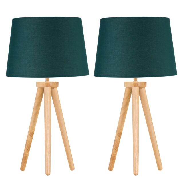 First Choice Lighting Set of 2 Light Oak Table Lamp or Bedside Lights with Dark Green Shades in Brown - image 1