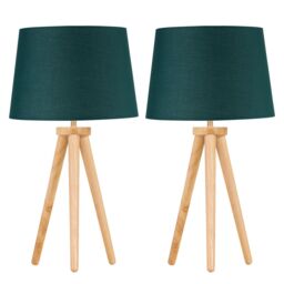First Choice Lighting Set of 2 Light Oak Table Lamp or Bedside Lights with Dark Green Shades in Brown