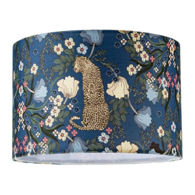 Happy Homewares Rich Midnight Blue Lampshade with Leopard & Botanical Foliage Design - Size: 12 inches - image 1