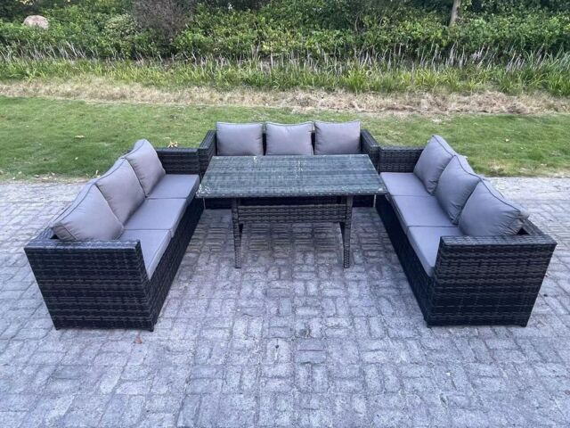 Fimous 9 Seater Outdoor Wicker Garden Furniture Rattan Lounge Sofa Set Patio Rectangular Dining Table Three Seater Sofa in Dark Grey - image 1