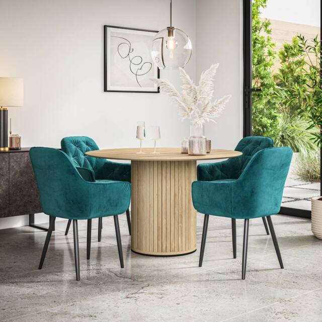 More4Homes Arlo Oak Table Top W Oak Legs + Anika Velvet Dining Chair Set Of 4 in Blue - image 1