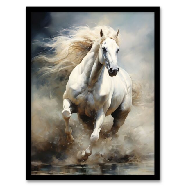 "Artery8 Wild White Horse Majestic Mane Oil Painting Art Print Framed Poster Wall Decor 12x16 inch in Black - Size: W12"" x H16""" - image 1