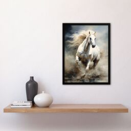 "Artery8 Wild White Horse Majestic Mane Oil Painting Art Print Framed Poster Wall Decor 12x16 inch in Black - Size: W12"" x H16""" - thumbnail 4