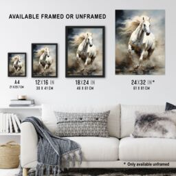 "Artery8 Wild White Horse Majestic Mane Oil Painting Art Print Framed Poster Wall Decor 12x16 inch in Black - Size: W12"" x H16""" - thumbnail 3