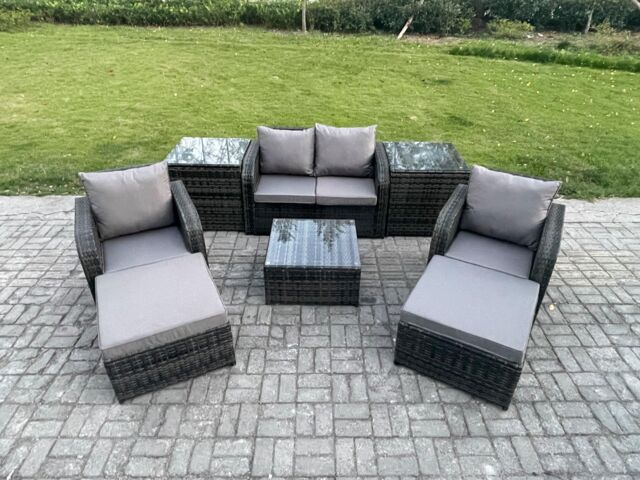 Fimous Rattan Garden Furniture Set Patio Conservatory Indoor Outdoor 6 Seater Set with Love Sofa Square Coffee Table in Dark Grey - image 1