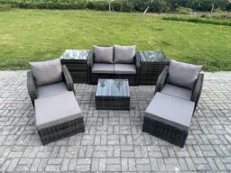 Fimous Rattan Garden Furniture Set Patio Conservatory Indoor Outdoor 6 Seater Set with Love Sofa Square Coffee Table in Dark Grey - thumbnail 1