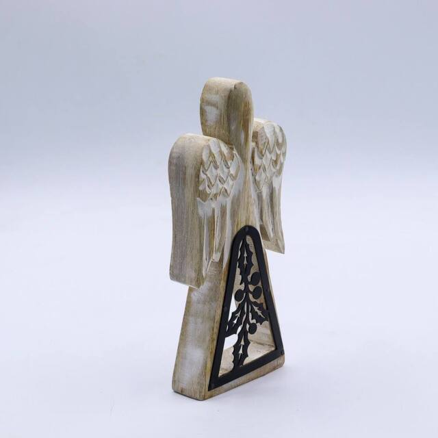 Serenityy Mango Wood Angel - Whitewash with Iron Holly Cut-Out in White - image 1