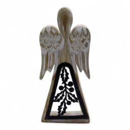 Serenityy Mango Wood Angel - Whitewash with Iron Holly Cut-Out in White - thumbnail 6