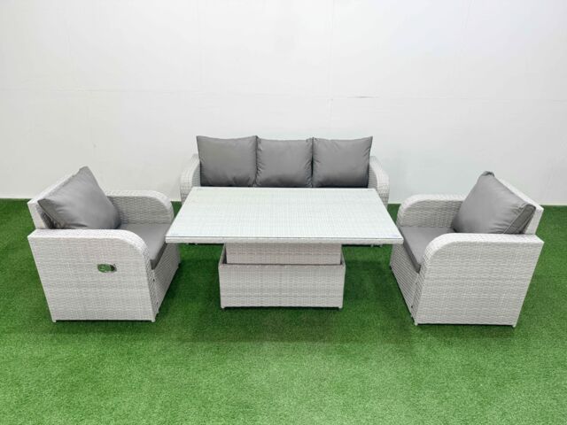 Fimous PE Rattan Garden Furniture Set Reclining Chair Sofa Lounge Sofa Set Adjustable Lifting Dining or Coffee Table Light Grey - image 1