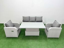 Fimous PE Rattan Garden Furniture Set Reclining Chair Sofa Lounge Sofa Set Adjustable Lifting Dining or Coffee Table Light Grey - thumbnail 2